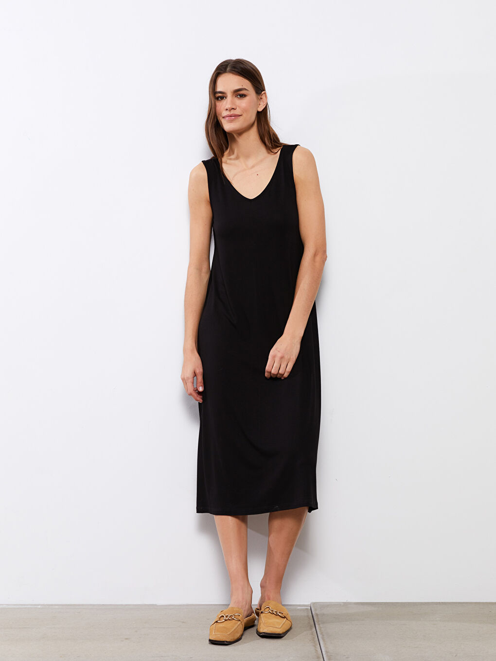 Rochie Dreaptă Fără Mâneci cu Decolteu în V pentru Femei-1