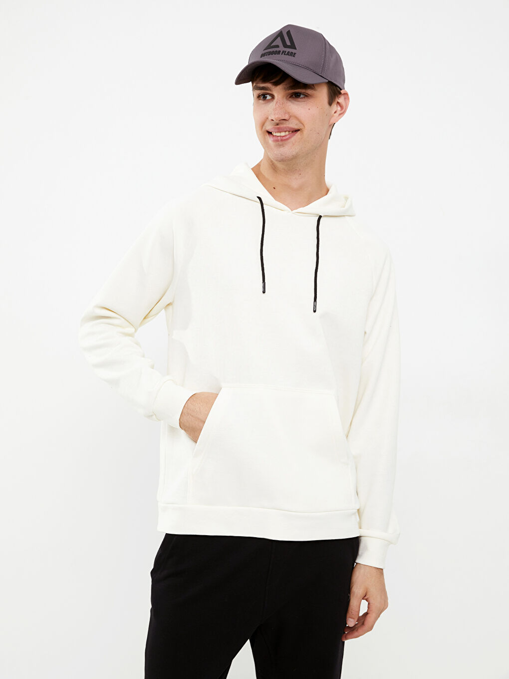 Ekru Uzun Kollu Erkek Hoodie-1