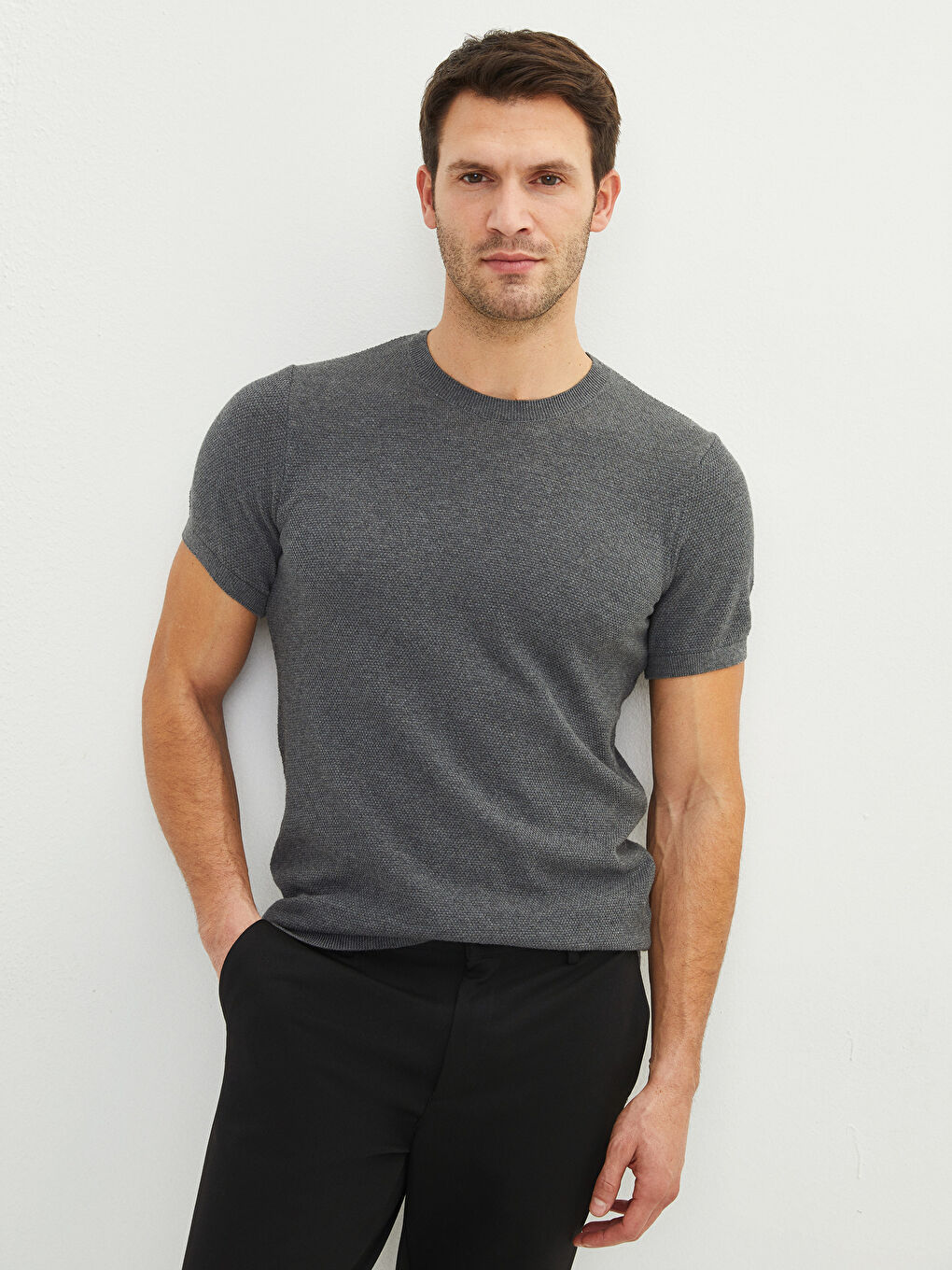 Gri Bisiklet Yaka Kısa Kollu Erkek Triko Kazak