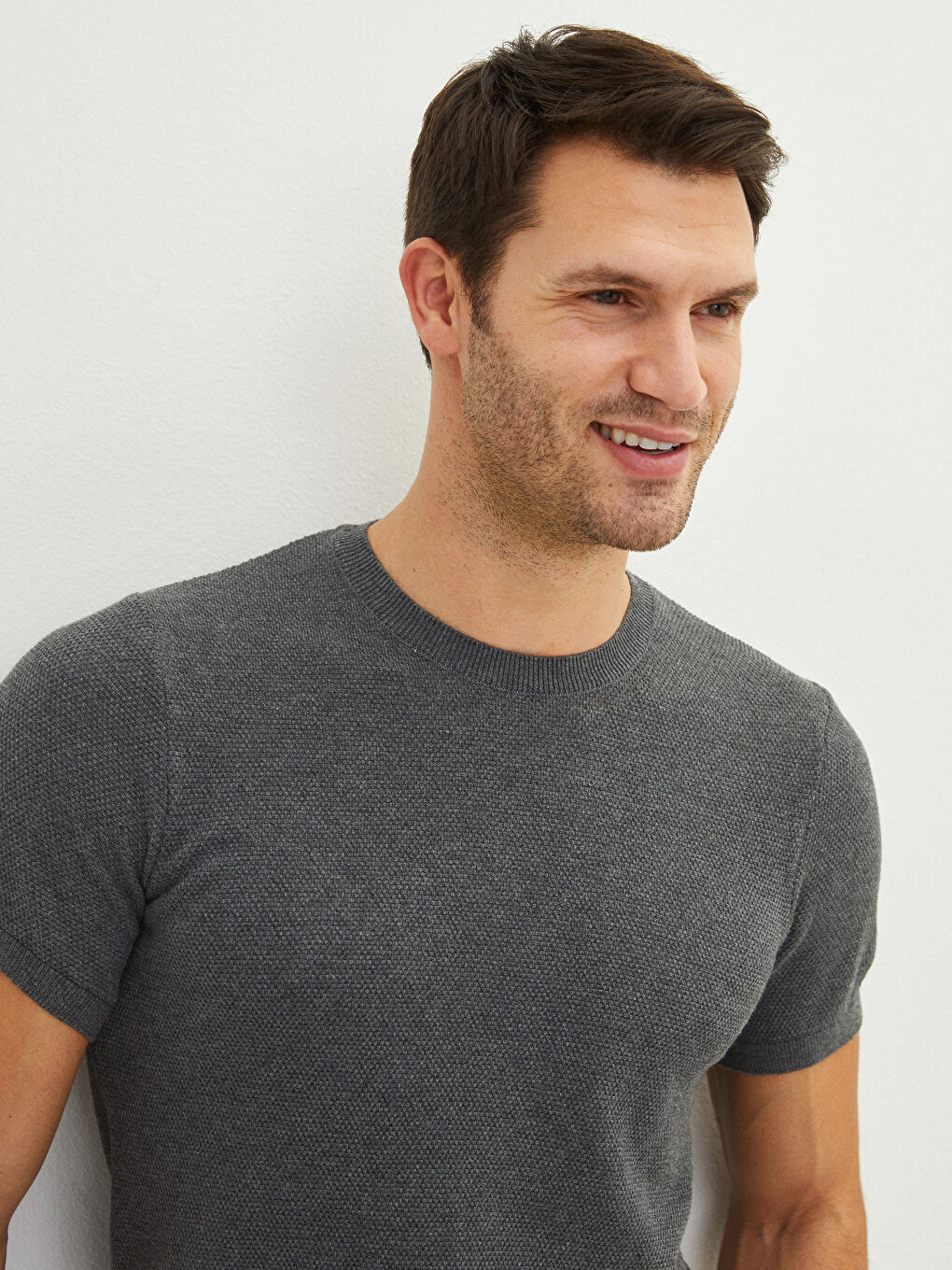 Gri Bisiklet Yaka Kısa Kollu Erkek Triko Kazak-2