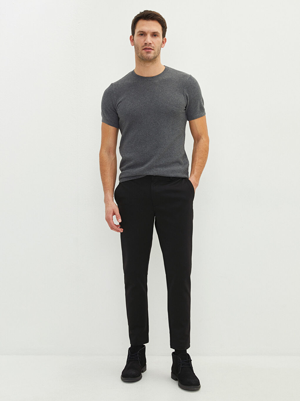 Gri Bisiklet Yaka Kısa Kollu Erkek Triko Kazak-3