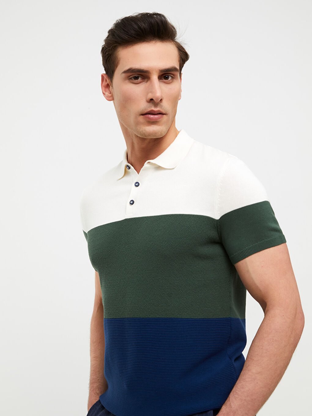 Yeşil Polo Yaka Kısa Kollu Renk Bloklu Erkek Triko Kazak