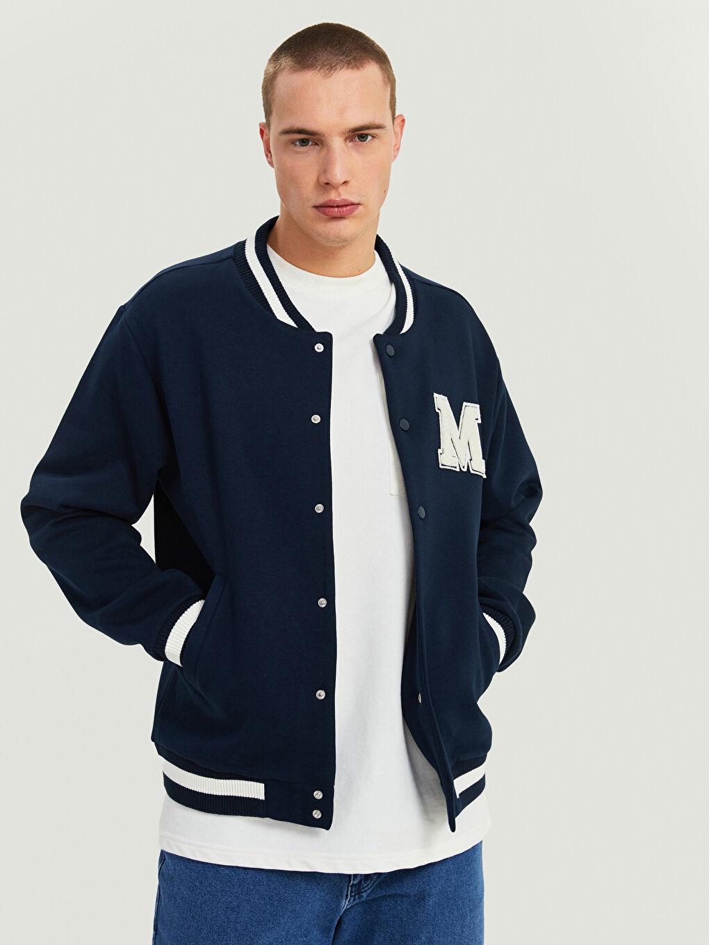 Lacivert Oversize Kolej Yaka Erkek Mont-1