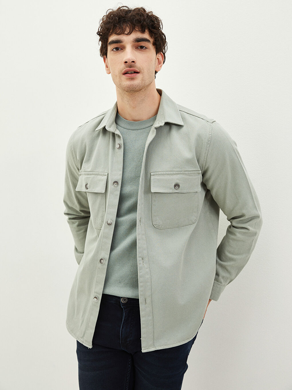 Regular Fit Long Sleeve Men's Denim Shirt-2