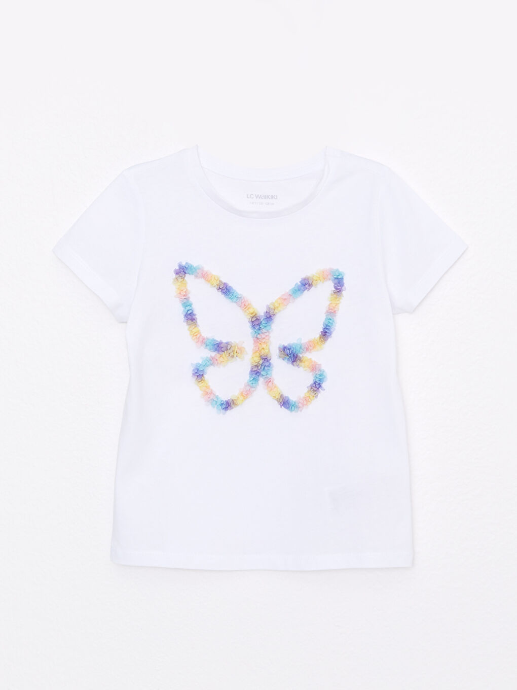 Crew Neck Embroidery Detailed Short Sleeve Cotton Girls T-Shirt