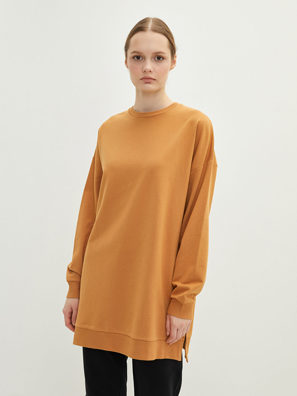 Sarı Bisiklet Yaka Düz Uzun Kollu Kadın Sweatshirt Tunik