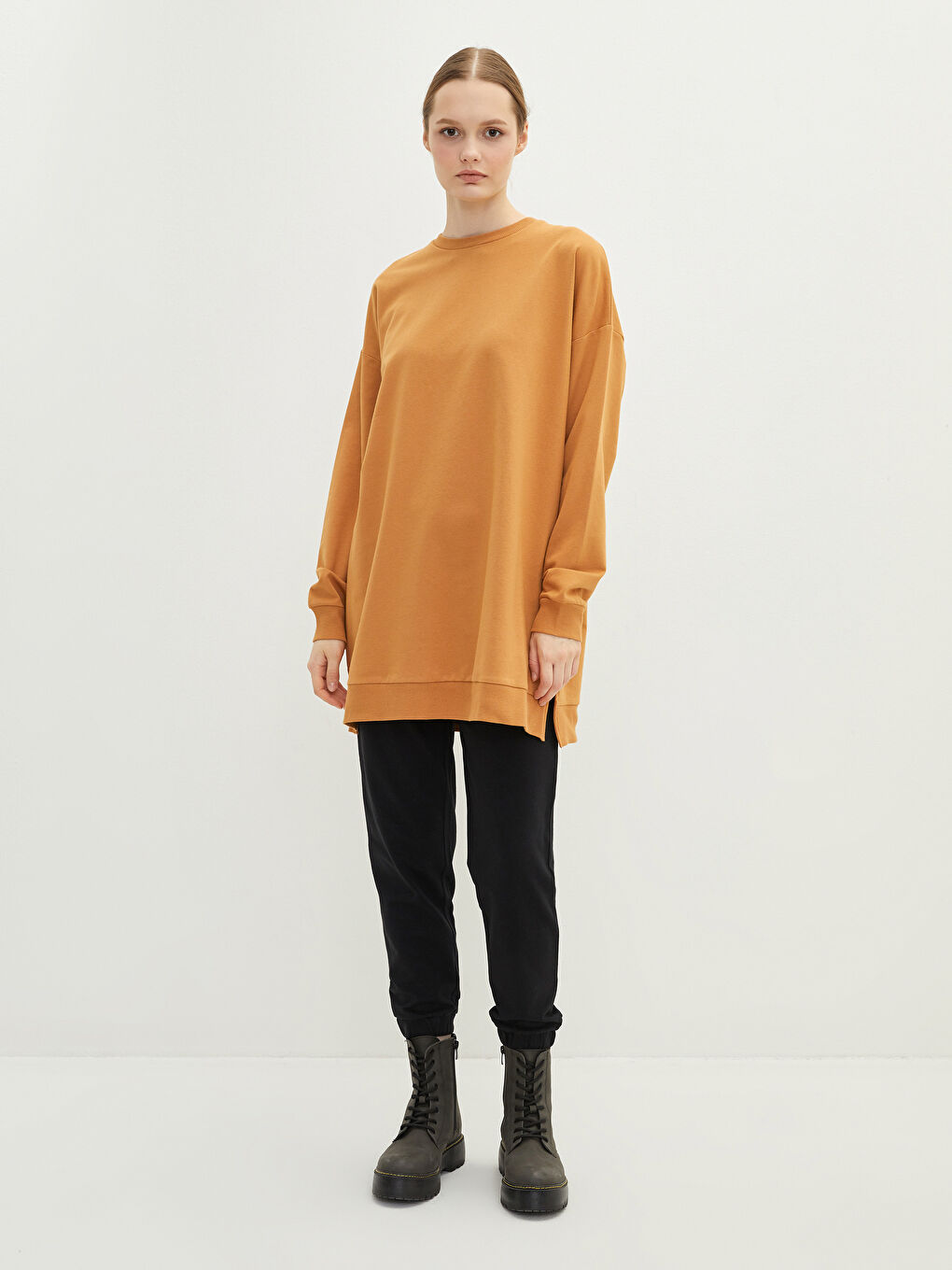 Sarı Bisiklet Yaka Düz Uzun Kollu Kadın Sweatshirt Tunik-1