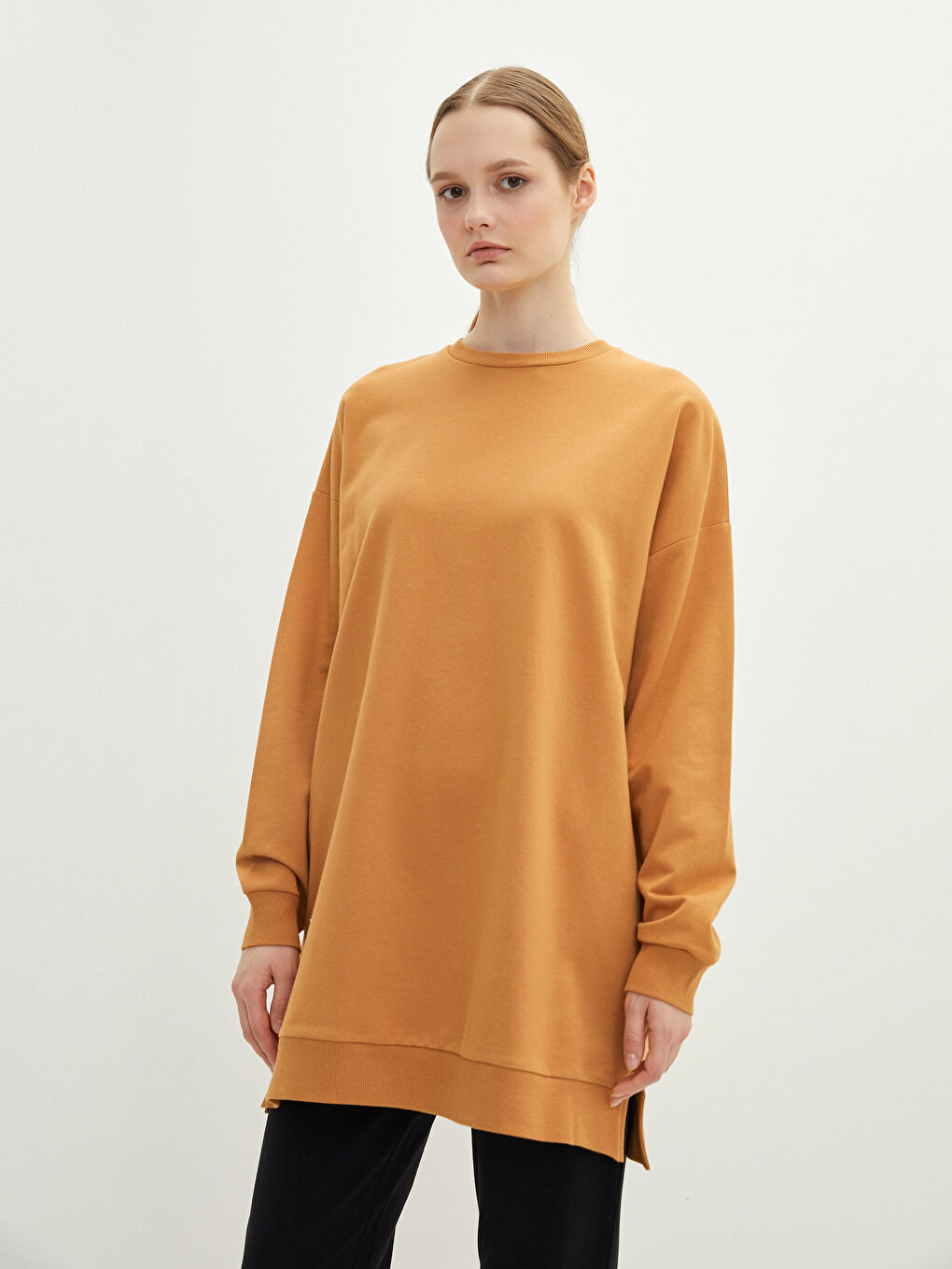 Sarı Bisiklet Yaka Düz Uzun Kollu Kadın Sweatshirt Tunik-2