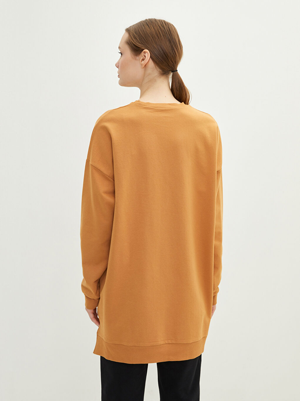 Sarı Bisiklet Yaka Düz Uzun Kollu Kadın Sweatshirt Tunik-4