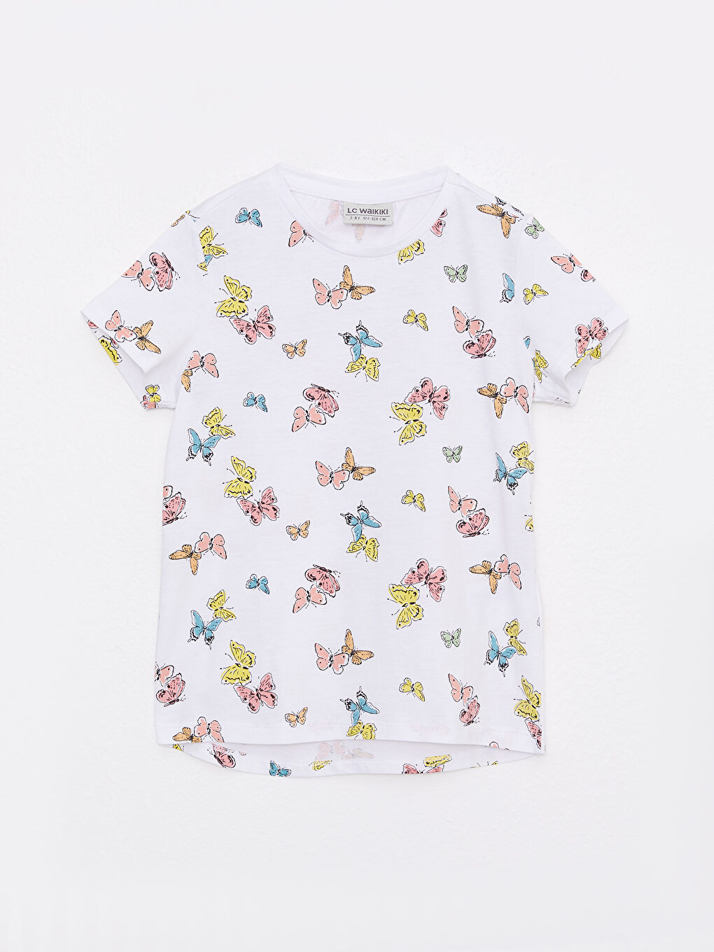 Beyaz Bisiklet Yaka Baskılı Kısa Kollu Pamuklu Kız Çocuk Tişört