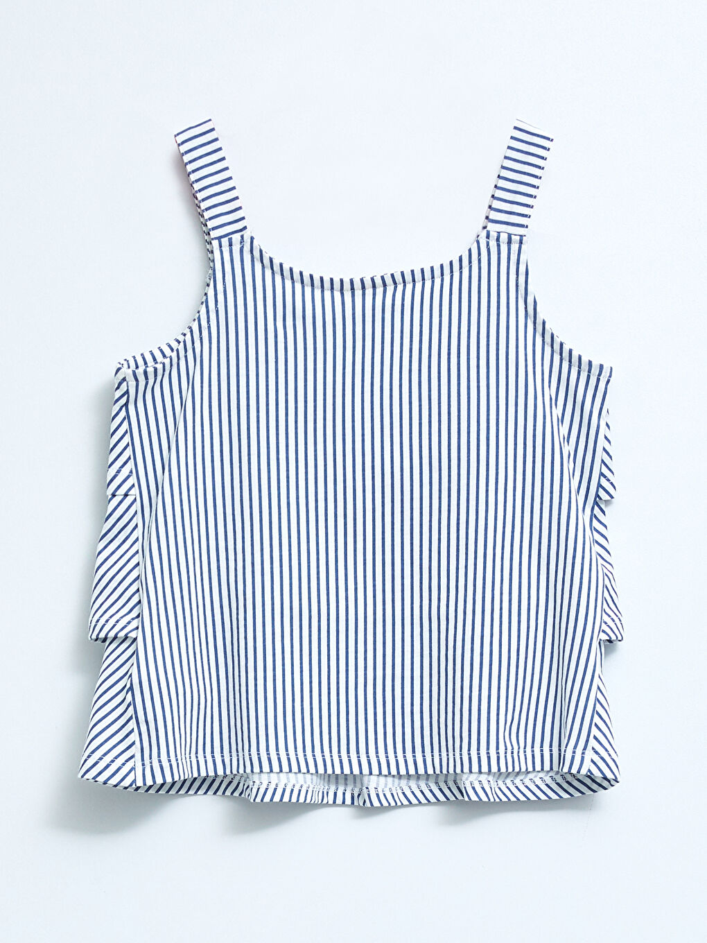 U Neck Striped Ruffle Detailed Cotton Girls' Blouse-1