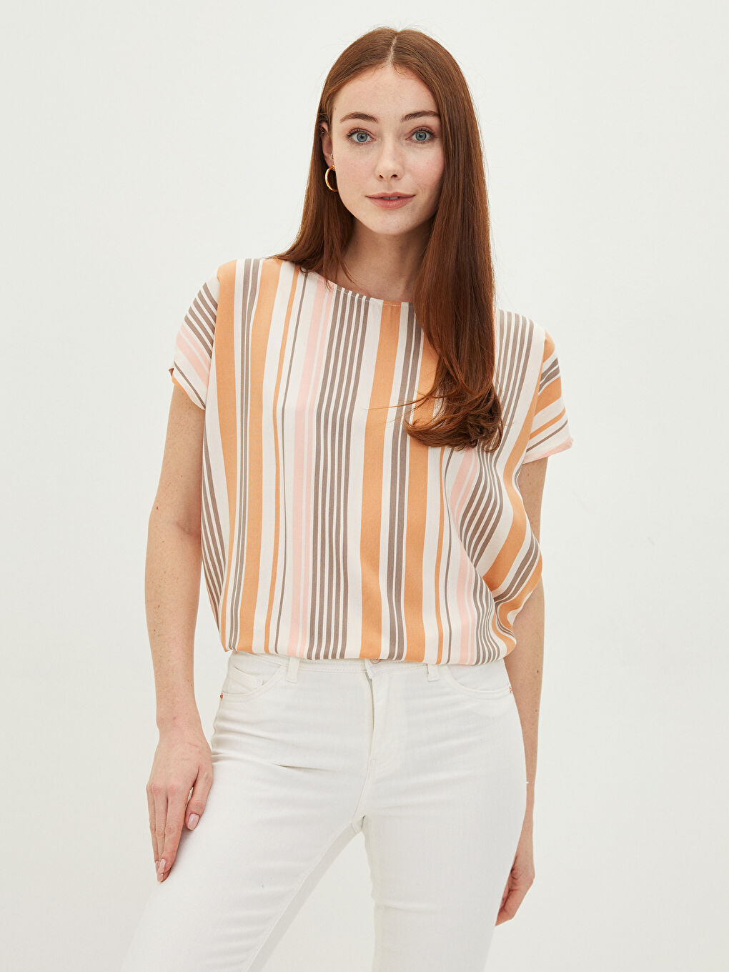Kahverengi Bisiklet Yaka Çizgili Kısa Kollu Viskon Kadın Bluz