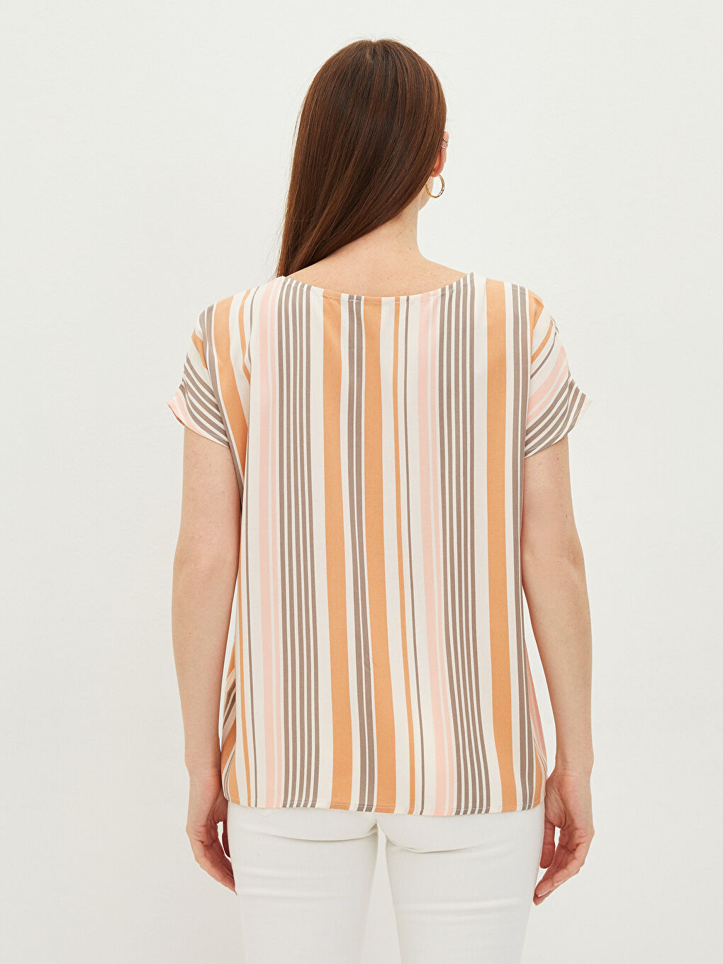 Kahverengi Bisiklet Yaka Çizgili Kısa Kollu Viskon Kadın Bluz-3