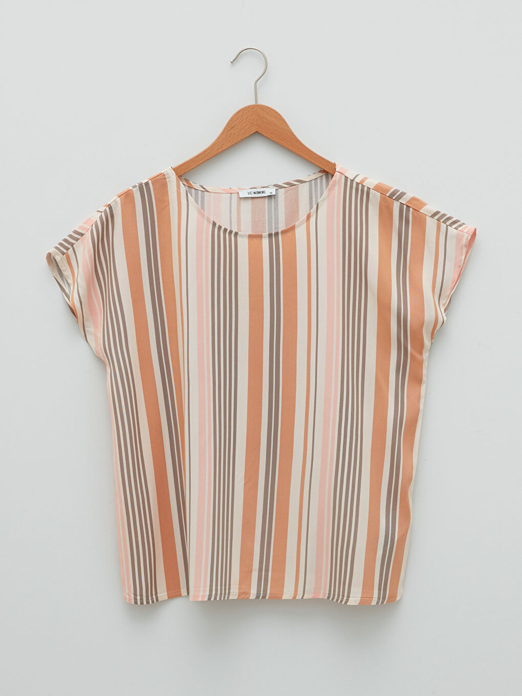 Kahverengi Bisiklet Yaka Çizgili Kısa Kollu Viskon Kadın Bluz-4