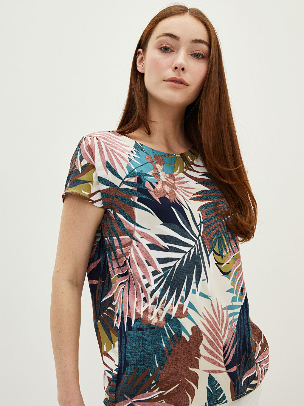 Crew Neck Patterned Short Sleeve Viscose Women's Blouse-1