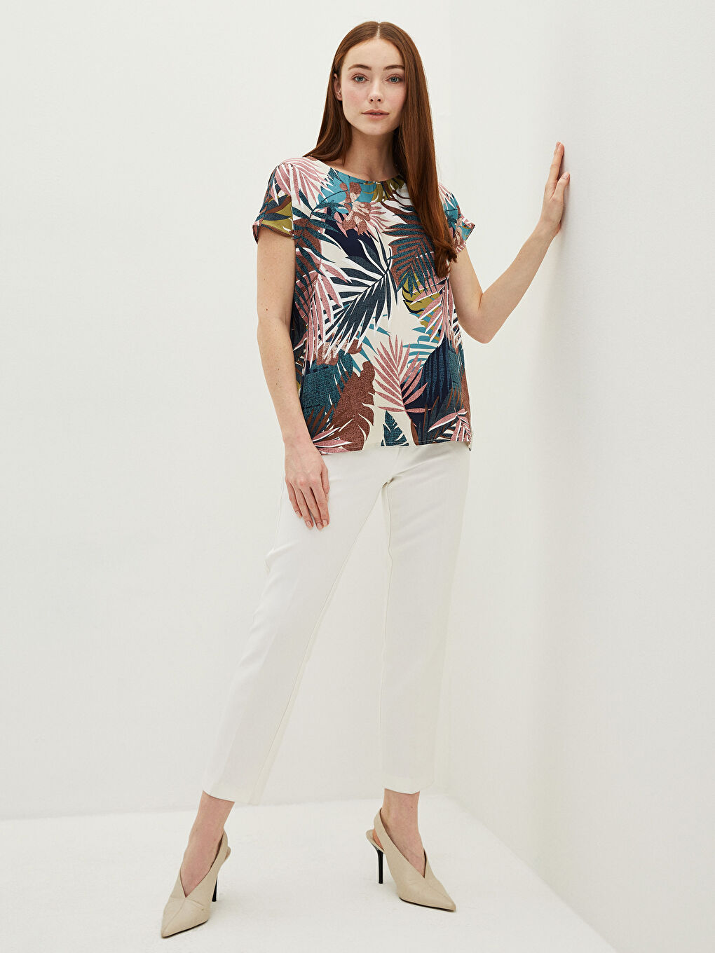 Crew Neck Patterned Short Sleeve Viscose Women's Blouse-3