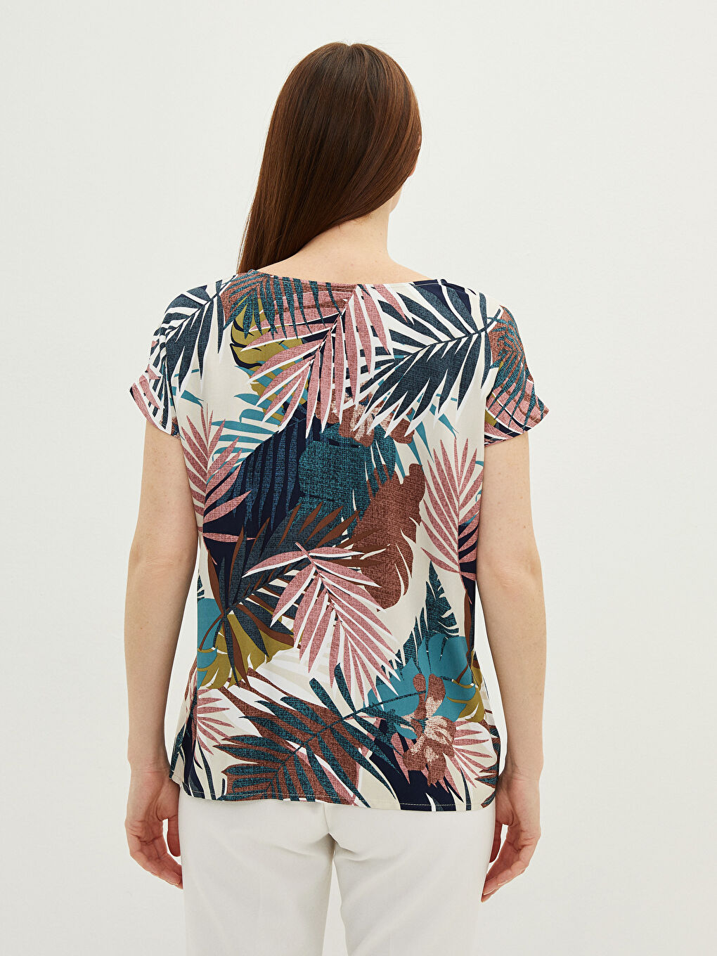 Crew Neck Patterned Short Sleeve Viscose Women's Blouse-5