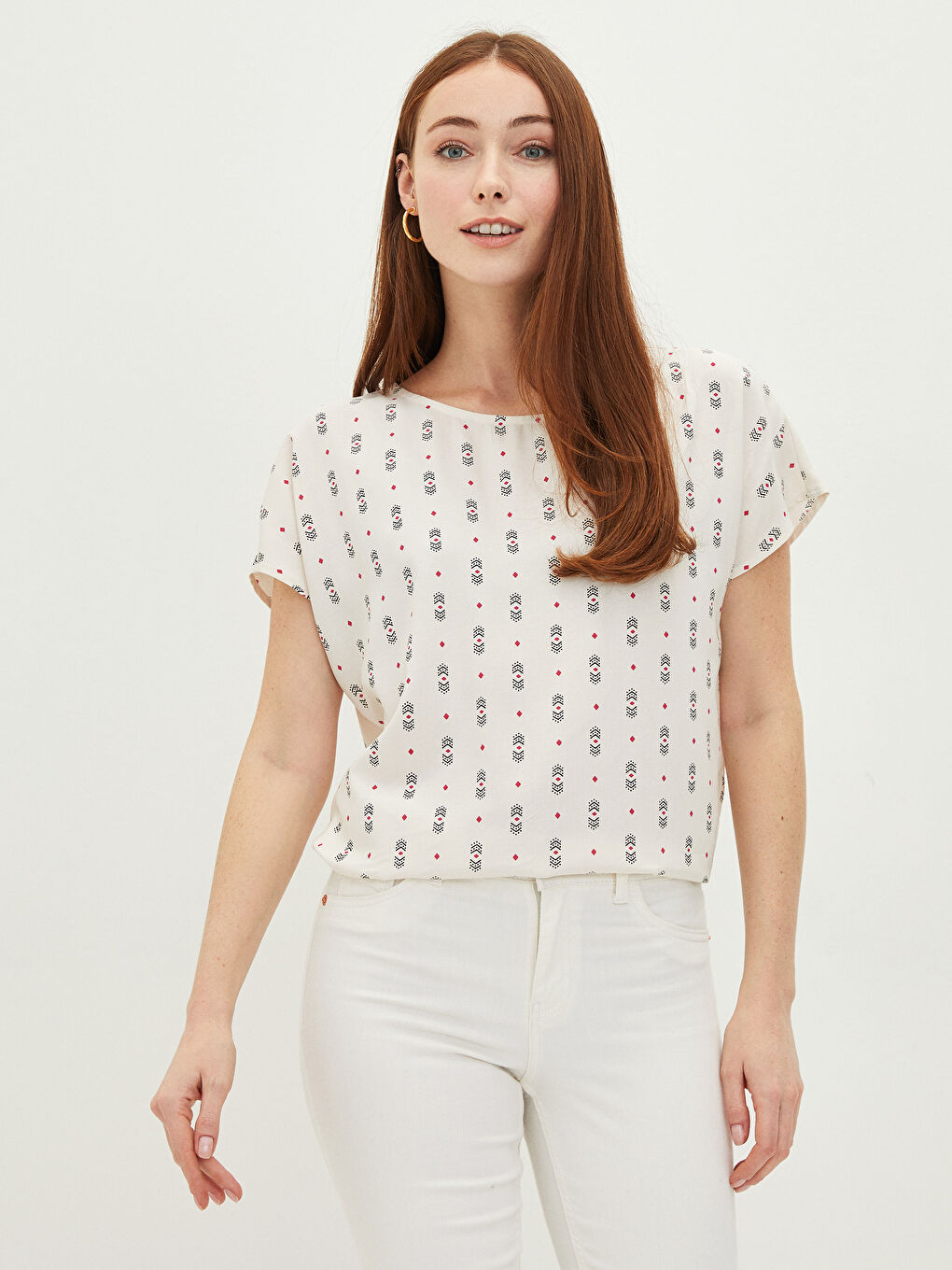 Crew Neck Patterned Short Sleeve Viscose Women's Blouse