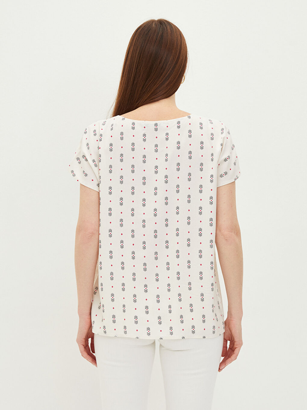 Crew Neck Patterned Short Sleeve Viscose Women's Blouse-3