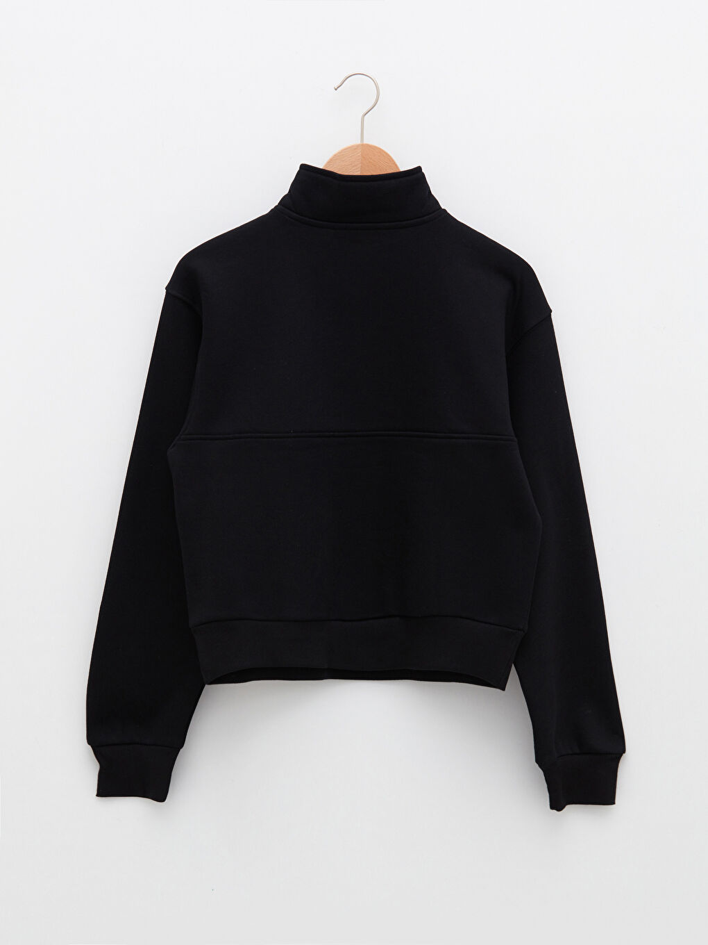 Siyah Dik Yaka Düz Uzun Kollu Kadın Sweatshirt-6