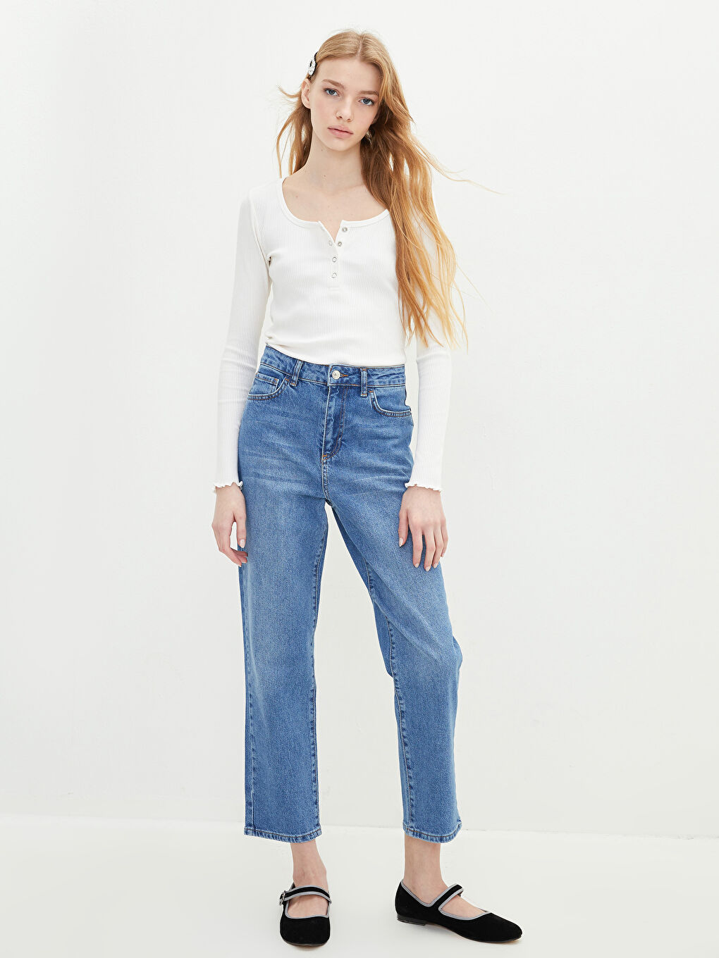 U Neck Straight Long Sleeve Women T-Shirt-4