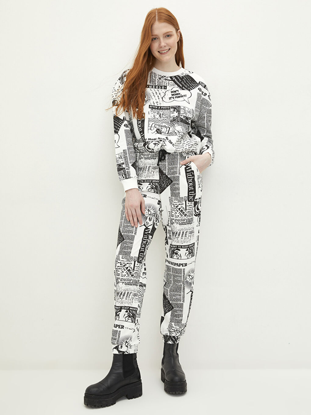 Ekru Bisiklet Yaka Baskılı Uzun Kollu Kadın Sweatshirt-2