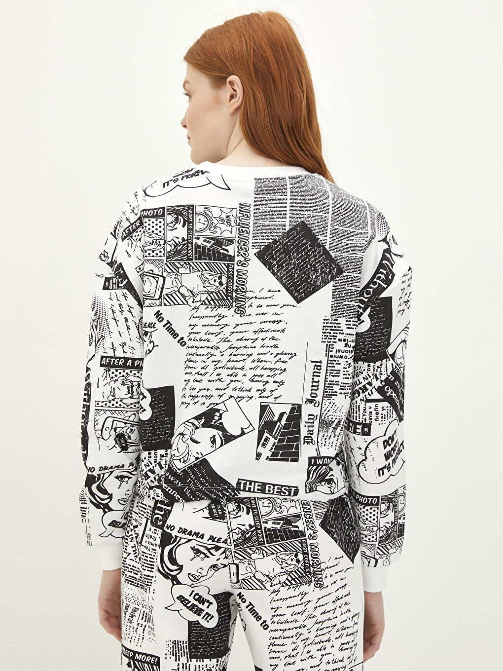 Ekru Bisiklet Yaka Baskılı Uzun Kollu Kadın Sweatshirt-4