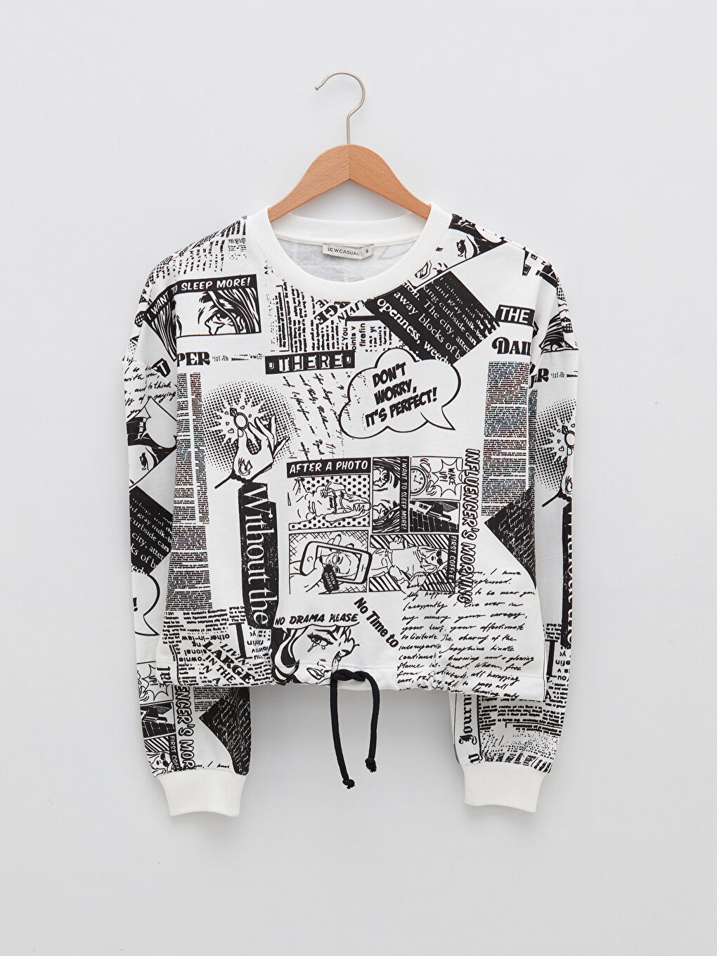 Ekru Bisiklet Yaka Baskılı Uzun Kollu Kadın Sweatshirt-5