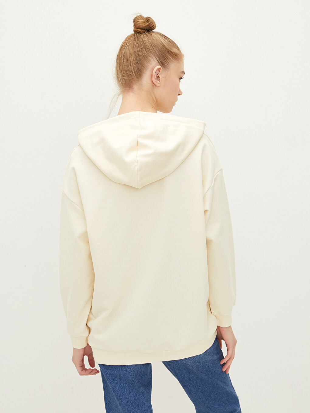 Bej Baskılı Uzun Kollu Kadın Hoodie-5