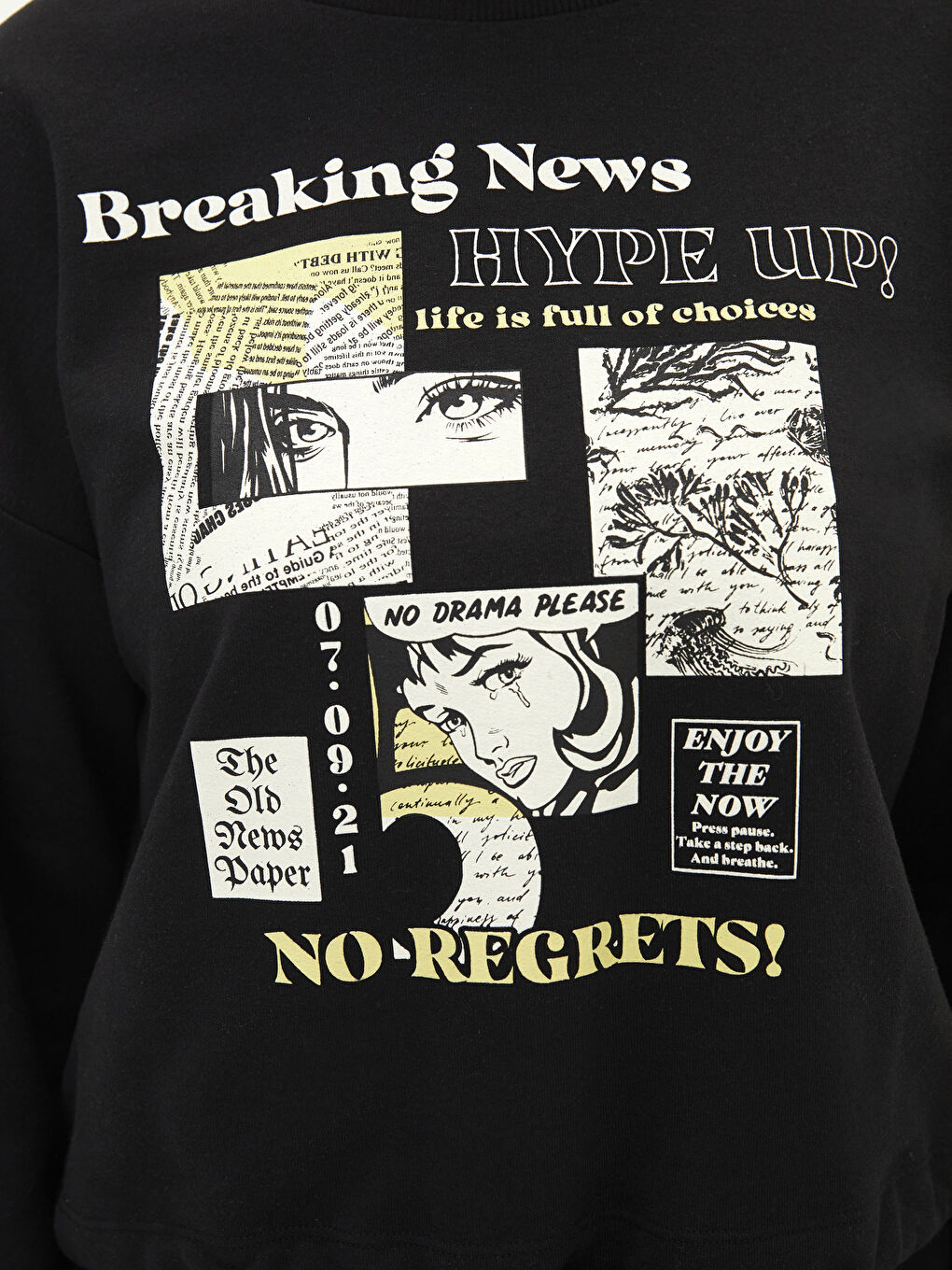 Siyah Bisiklet Yaka Baskılı Uzun Kollu Kadın Sweatshirt-3