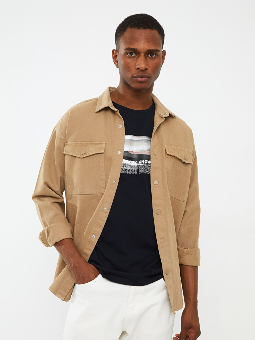 Bej Rahat Kalıp Uzun Kollu Gabardin Erkek Gömlek Ceket-1