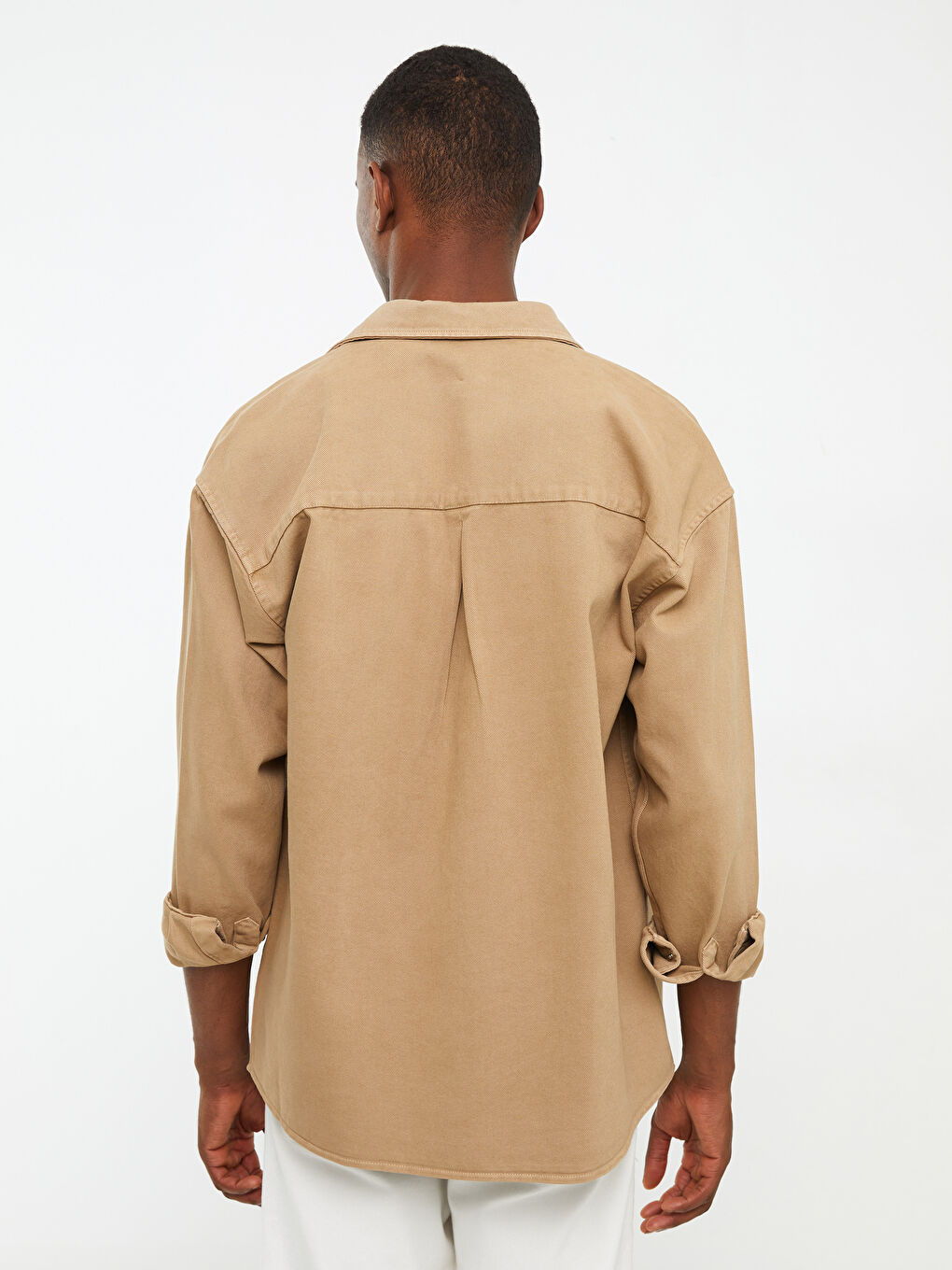 Bej Rahat Kalıp Uzun Kollu Gabardin Erkek Gömlek Ceket-4