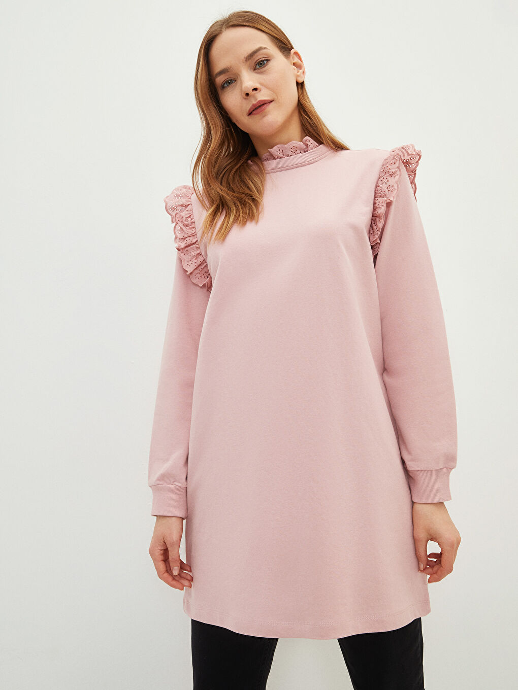Pembe Fırfırlı Dik Yaka Nakışlı Uzun Kollu Kadın Sweatshirt Tunik-1