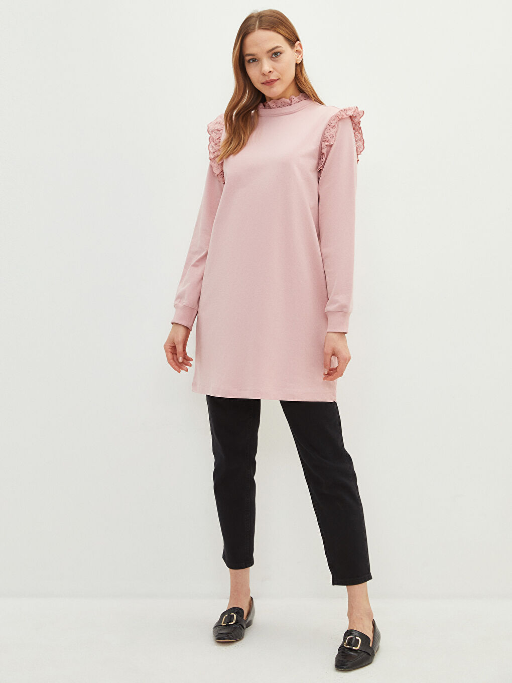 Pembe Fırfırlı Dik Yaka Nakışlı Uzun Kollu Kadın Sweatshirt Tunik-2