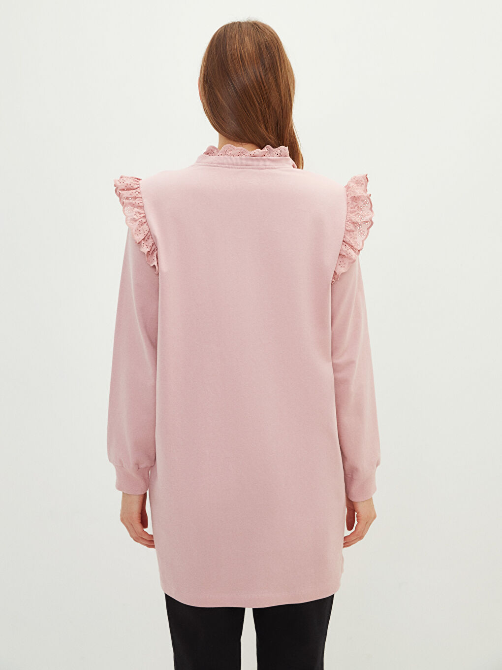 Pembe Fırfırlı Dik Yaka Nakışlı Uzun Kollu Kadın Sweatshirt Tunik-4