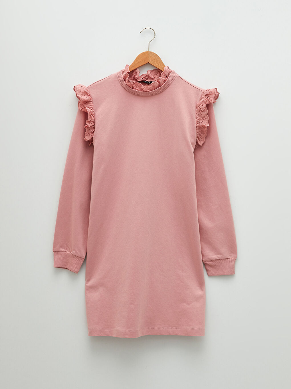 Pembe Fırfırlı Dik Yaka Nakışlı Uzun Kollu Kadın Sweatshirt Tunik-5