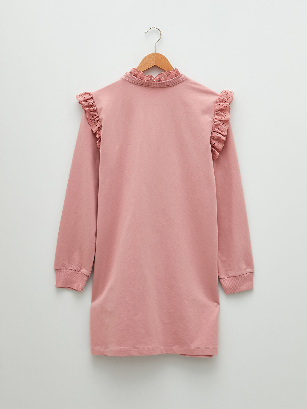 Pembe Fırfırlı Dik Yaka Nakışlı Uzun Kollu Kadın Sweatshirt Tunik-6