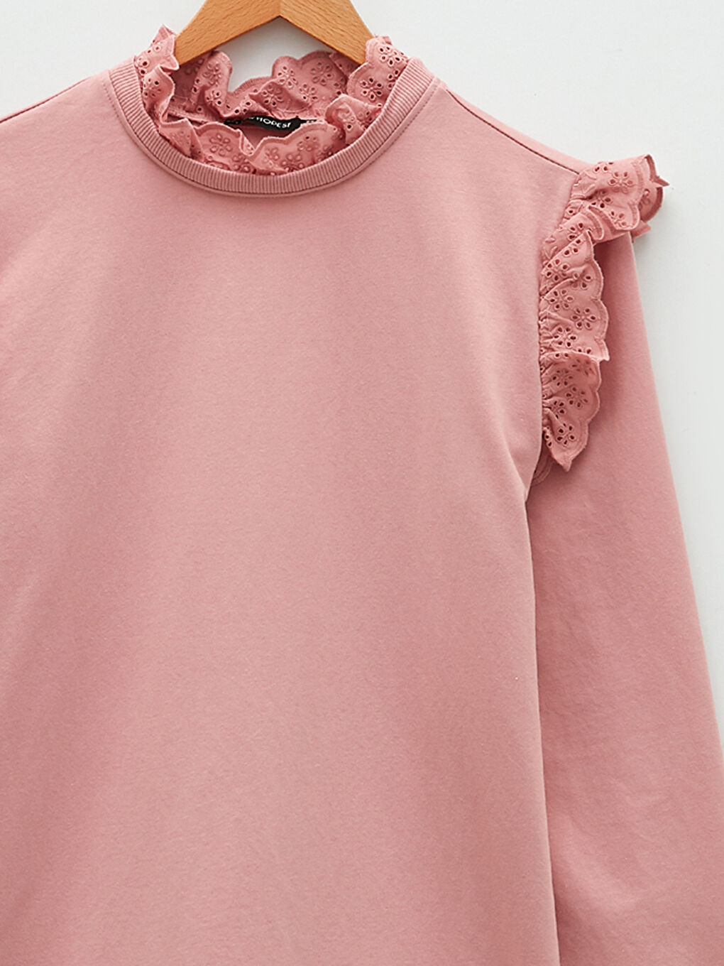 Pembe Fırfırlı Dik Yaka Nakışlı Uzun Kollu Kadın Sweatshirt Tunik-7