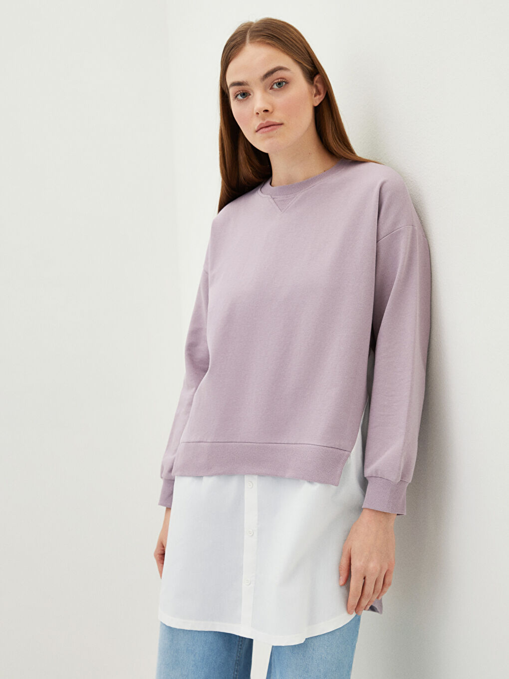 Lila Bisiklet Yaka Düz Uzun Kollu Kadın Sweatshirt Tunik