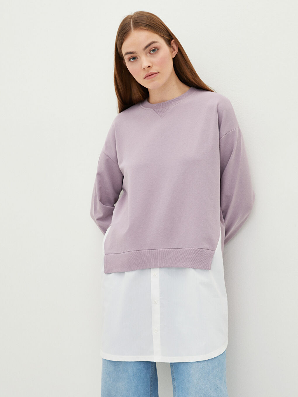 Lila Bisiklet Yaka Düz Uzun Kollu Kadın Sweatshirt Tunik-1