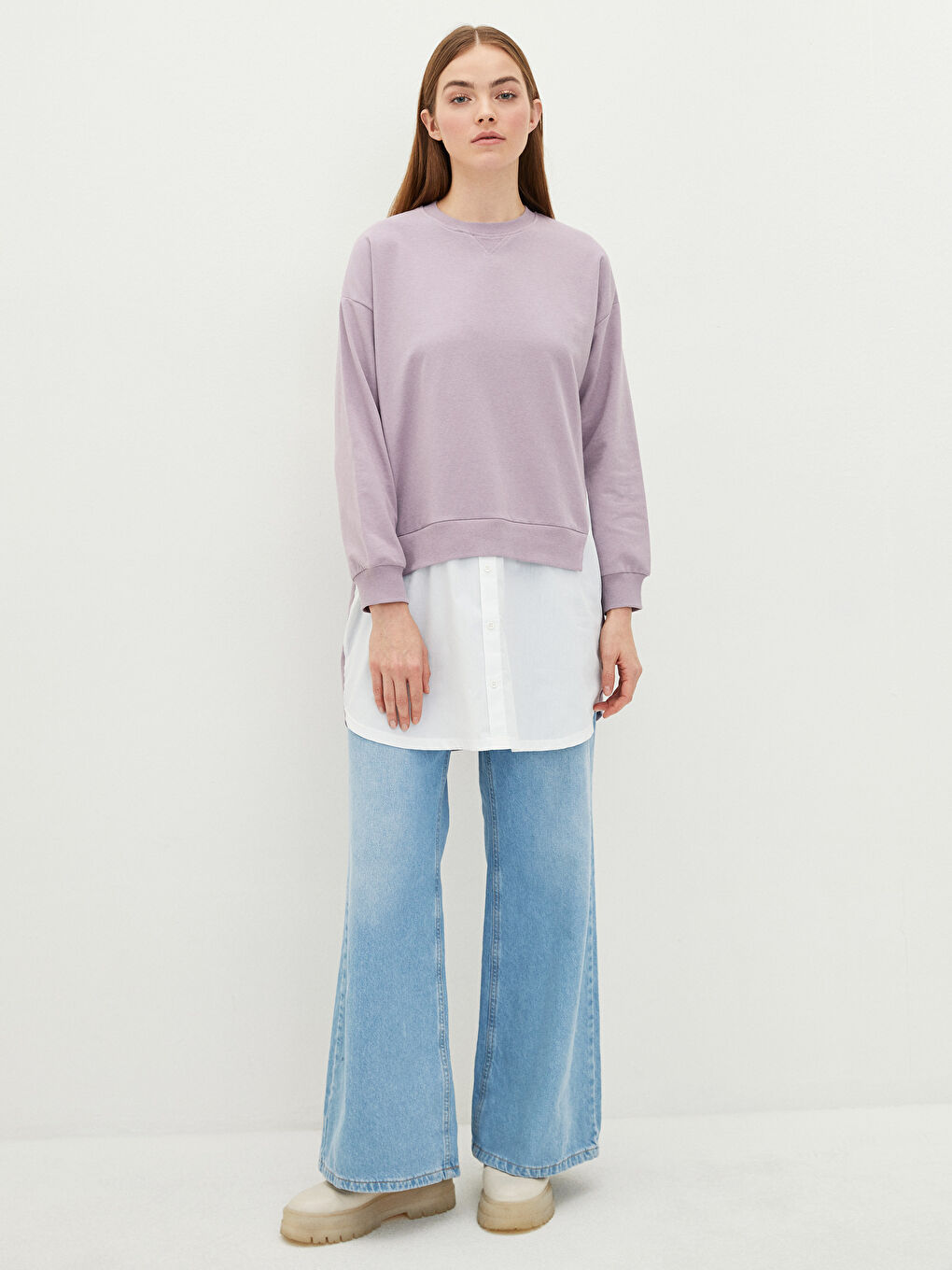 Lila Bisiklet Yaka Düz Uzun Kollu Kadın Sweatshirt Tunik-2