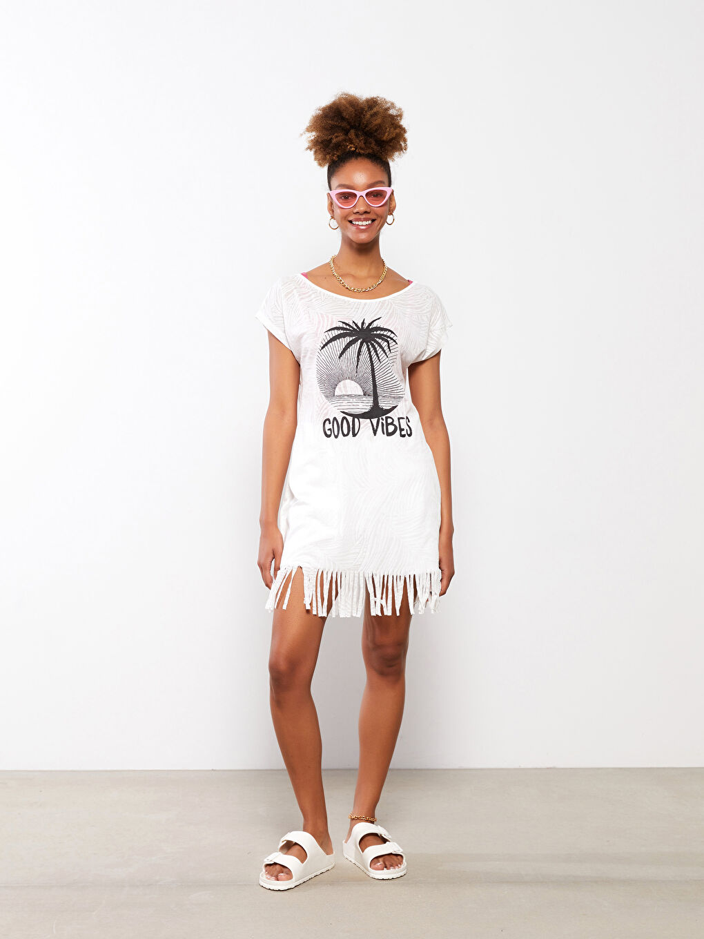 Ekru Bisiklet Yaka Baskılı Kısa Kollu Kadın Plaj Elbisesi