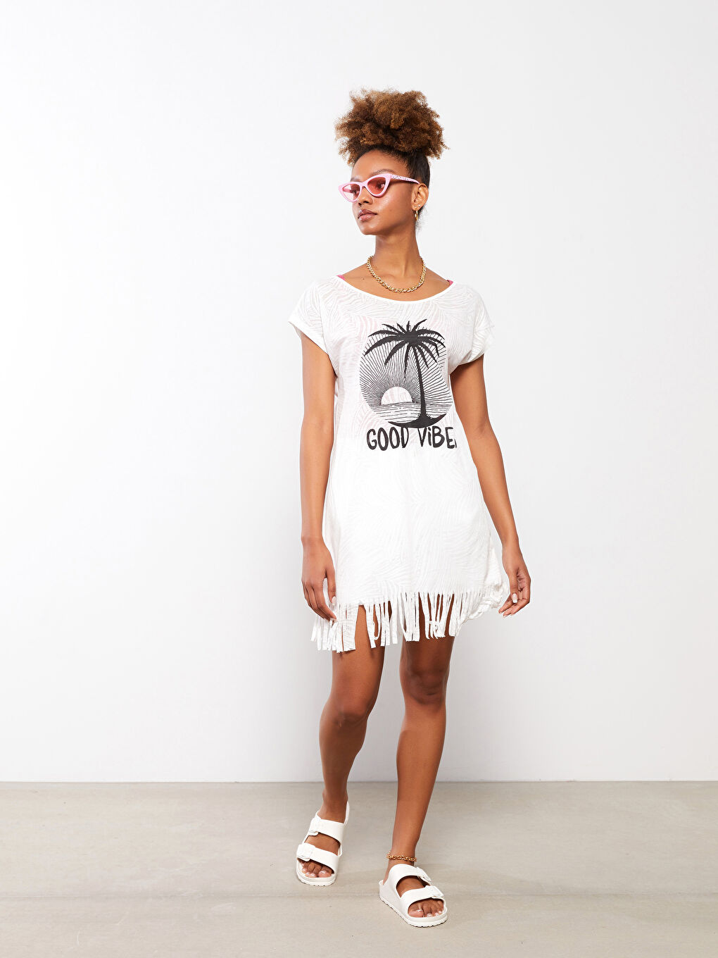 Ekru Bisiklet Yaka Baskılı Kısa Kollu Kadın Plaj Elbisesi-1