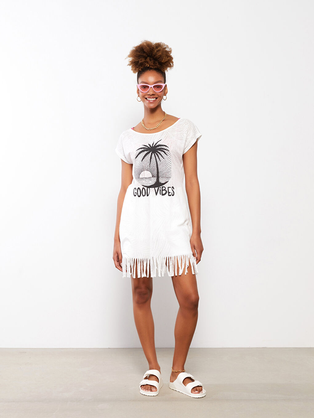 Ekru Bisiklet Yaka Baskılı Kısa Kollu Kadın Plaj Elbisesi-2