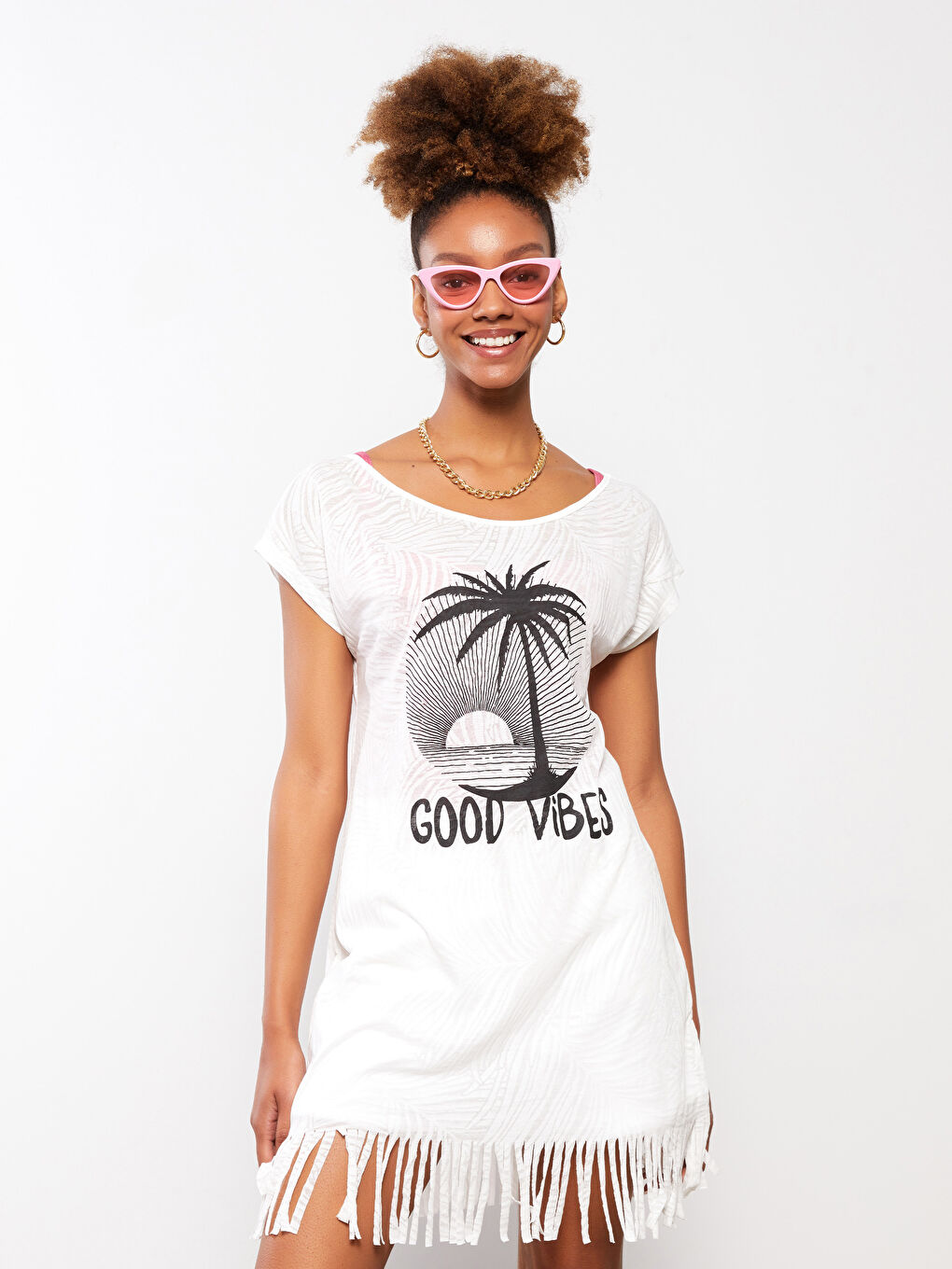 Ekru Bisiklet Yaka Baskılı Kısa Kollu Kadın Plaj Elbisesi-4