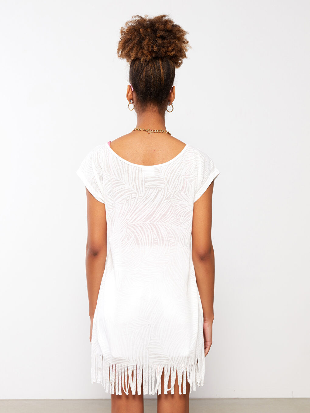 Ekru Bisiklet Yaka Baskılı Kısa Kollu Kadın Plaj Elbisesi-6