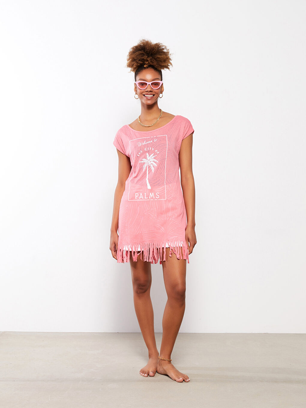 Pembe Bisiklet Yaka Baskılı Kısa Kollu Kadın Plaj Elbisesi