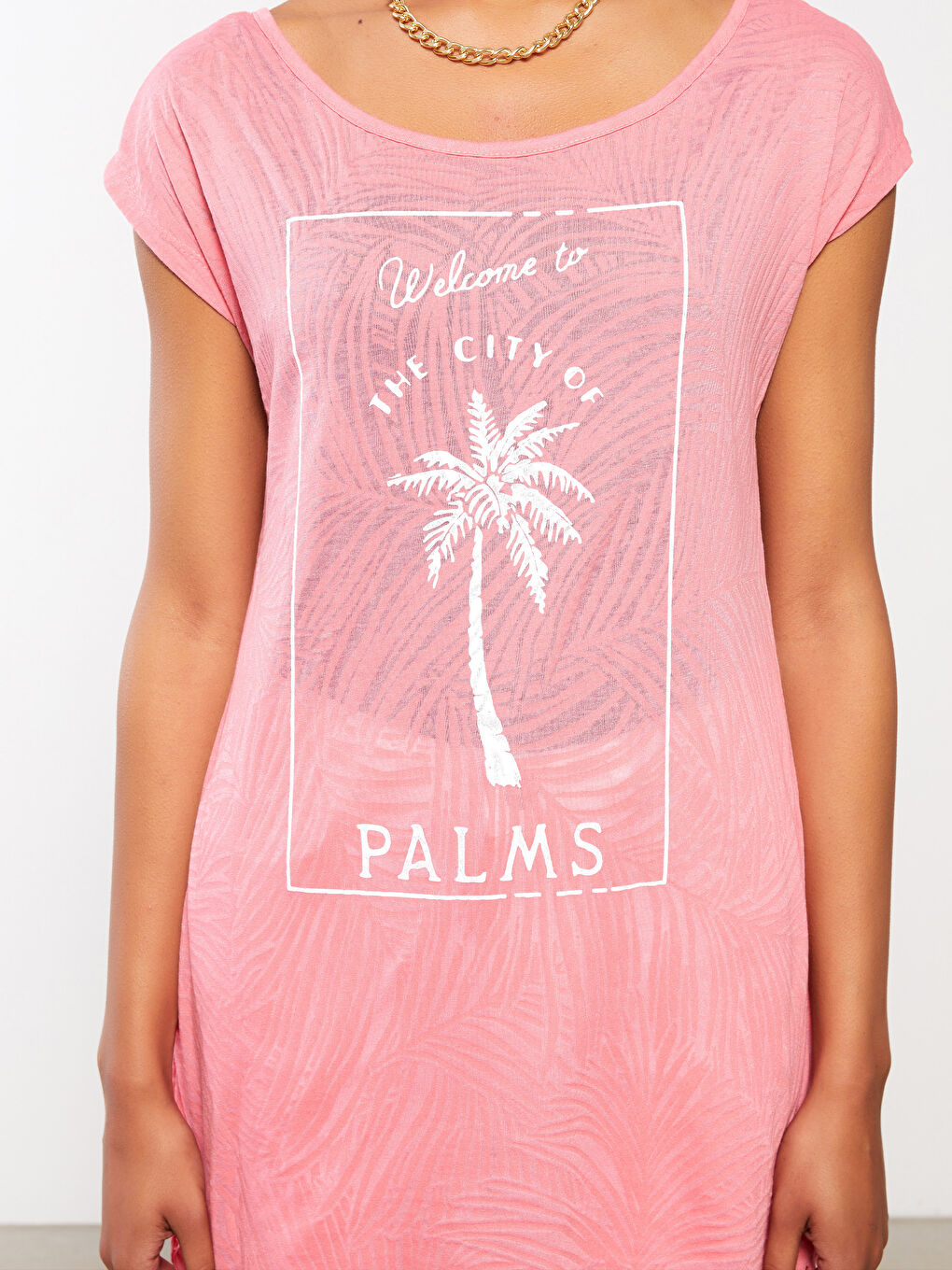 Pembe Bisiklet Yaka Baskılı Kısa Kollu Kadın Plaj Elbisesi-4