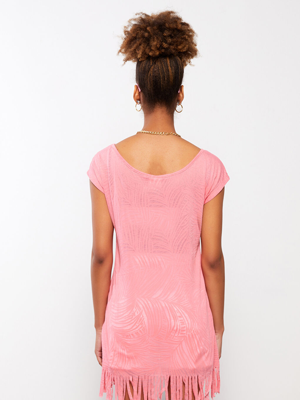 Pembe Bisiklet Yaka Baskılı Kısa Kollu Kadın Plaj Elbisesi-5