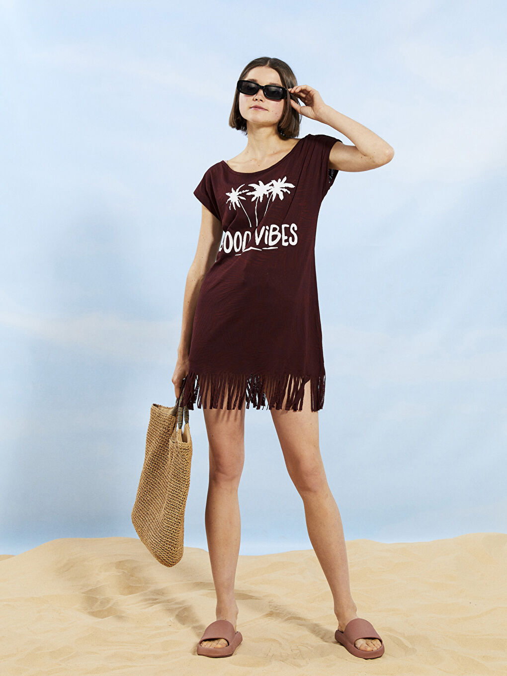 Crew Neck Printed Short Sleeve Women's Beach Dress -S2CB21Z8-HQT